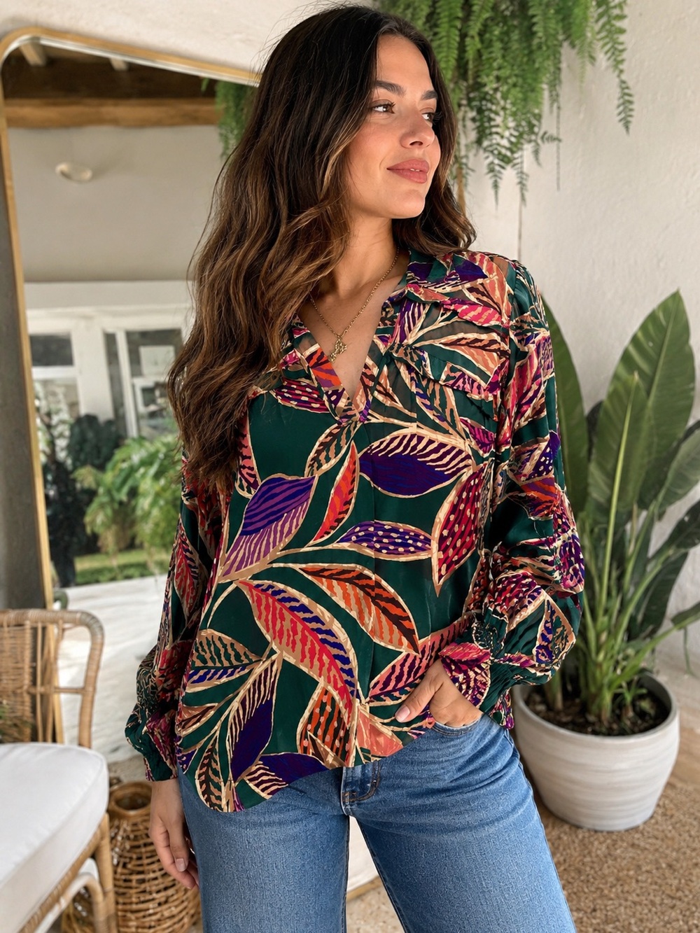 Women’s Democracy Vibrant Leaf Print Long-Sleeve Blouse - Multicolor